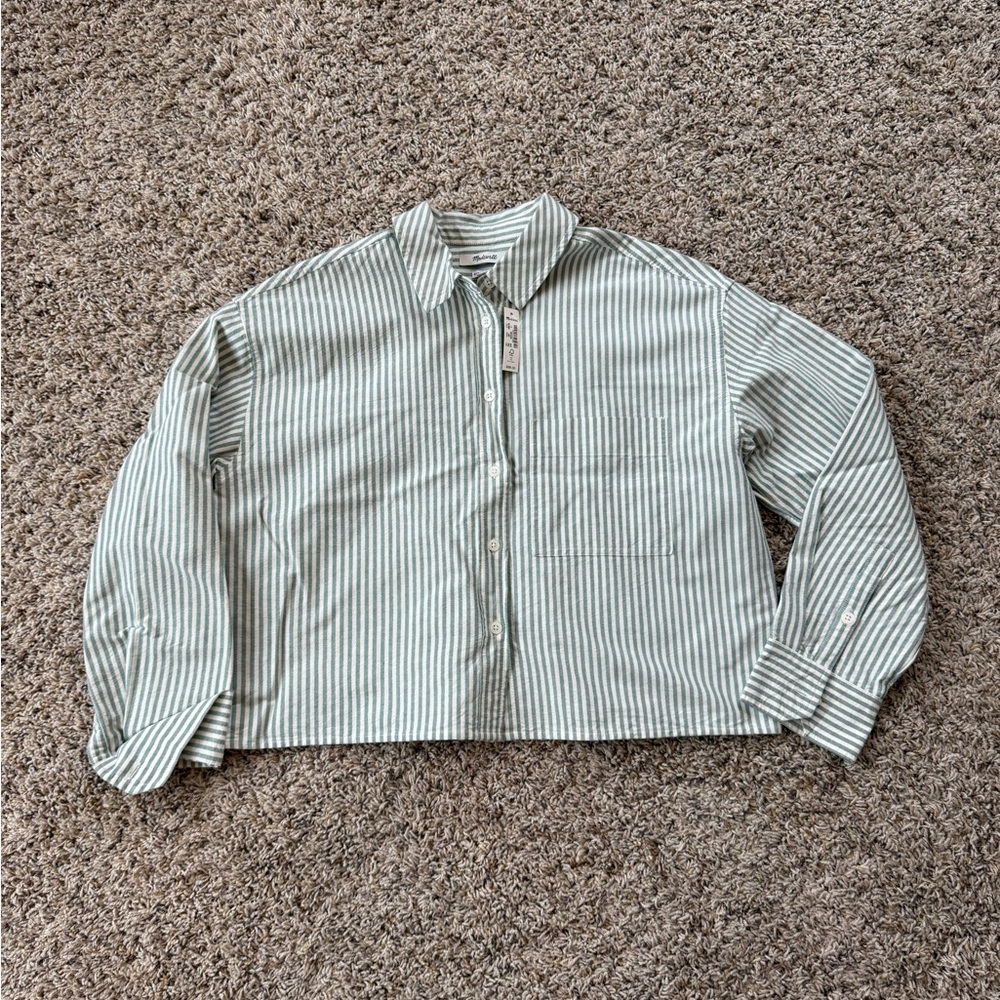NWT Madewell The Signature Oxford Crop Shirt in Green Pinstripe